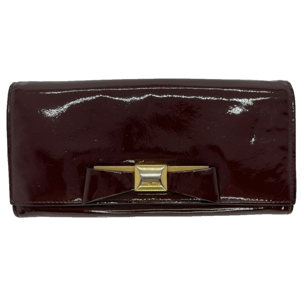 Authentic Miu Miu Logo Ribbon Patent Leather Long Wallet Bordeaux Bifold/23